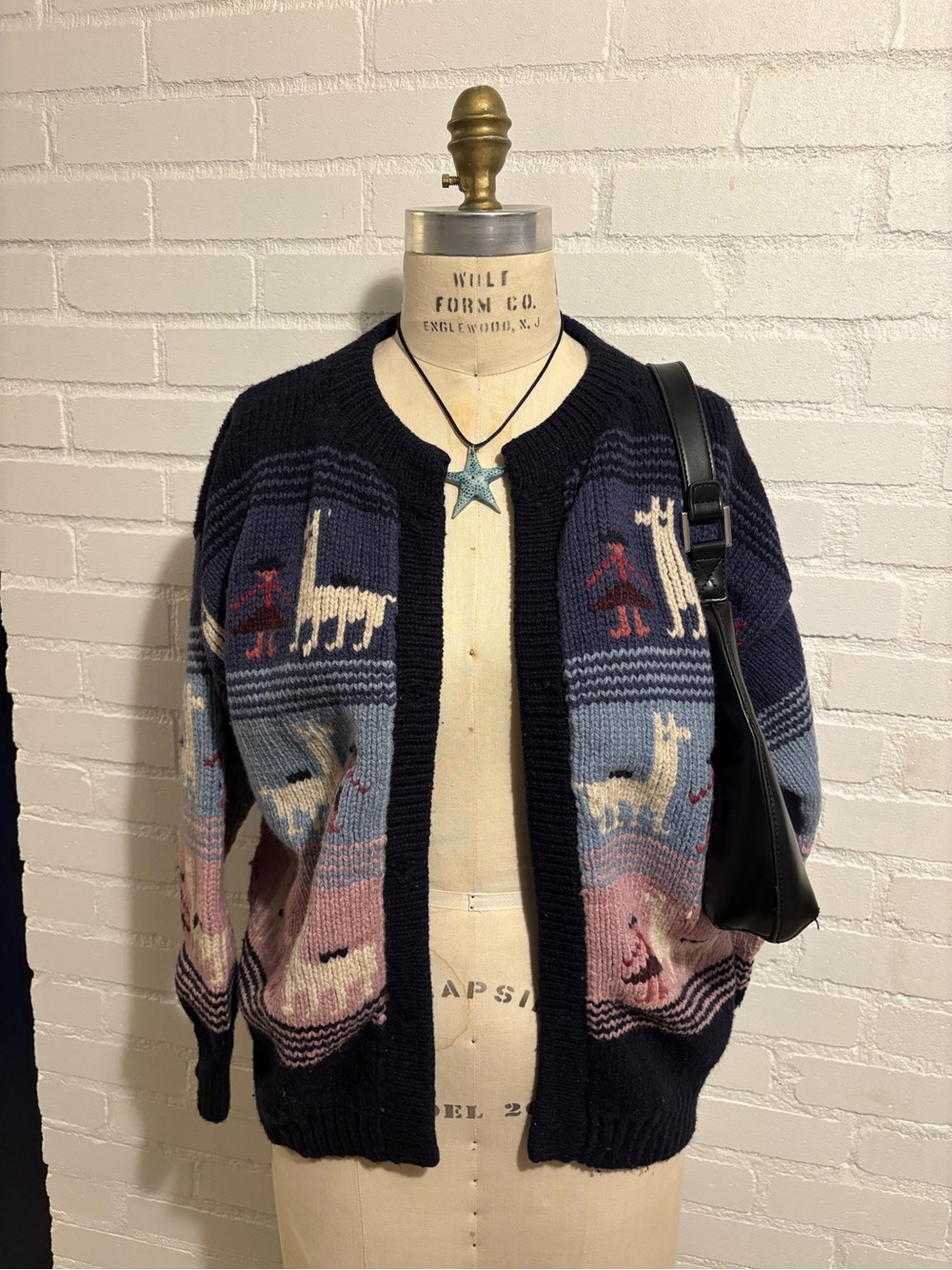Vintage Maurices Navy, blue, white and pink Cardigan w/ Alpaca & Girl motifs